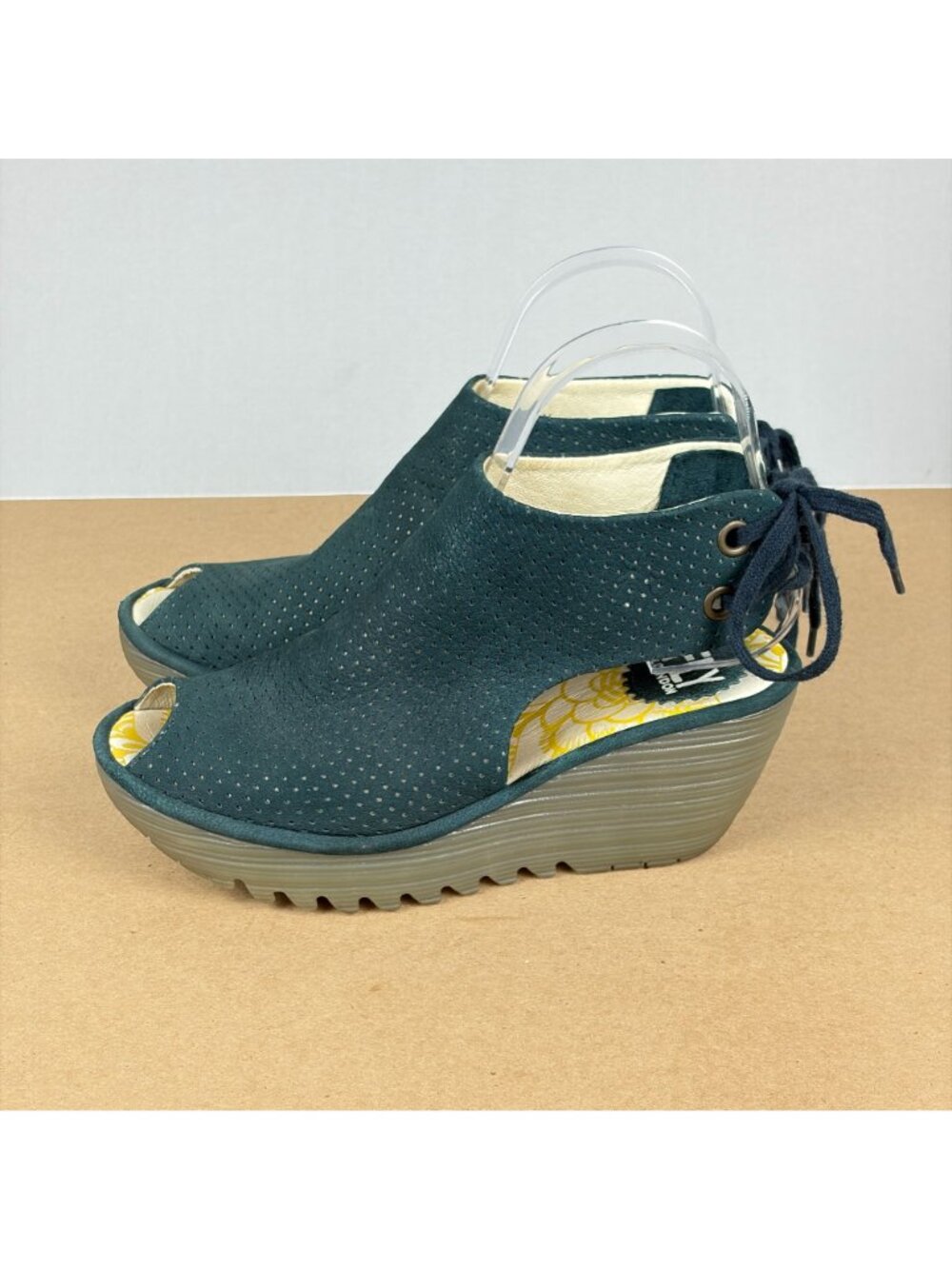Fly London Yuzu Leather Wedge Sandals Womens 6 EU 36 Dark Green Lace Up Heel - Picture 10 of 10